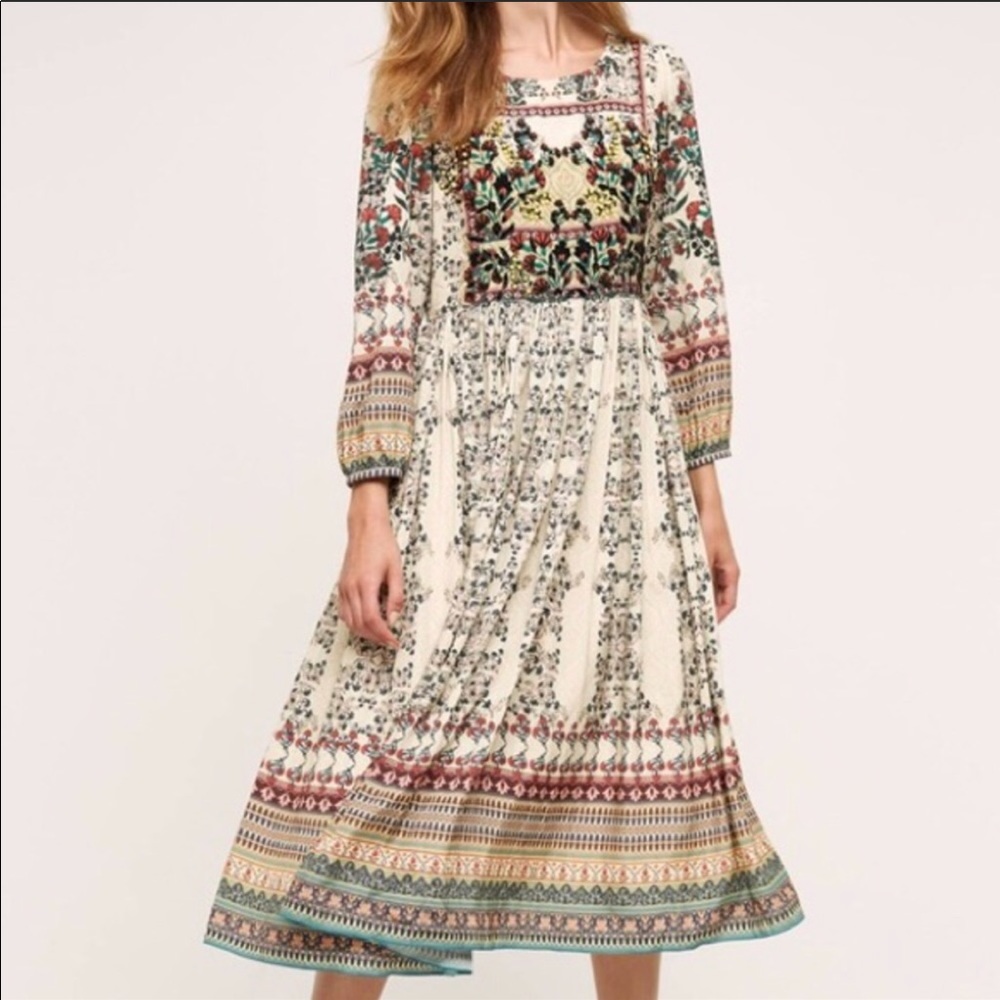 Anthropologie Cream Multi-Color Long Sleeve Boho Midi Dress